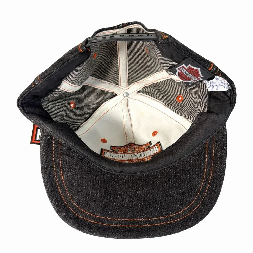 Harley Davidson Bar & Shield Snapback Vtg Denim Jean Hat Cap Black Orange Youth